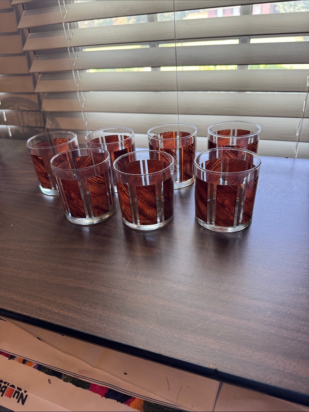 7 Mid Century Modern Lowball Glasses with Faux Wood Grain Pattern